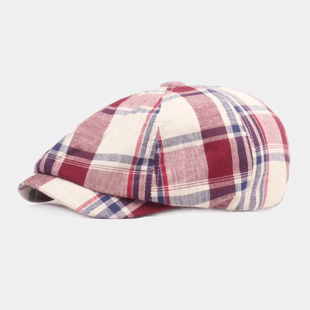 Unisex Katoenen Baret Pet Geruit Patroon Casual Retro Zonnescherm Krantenverkoper Hoed Vooruit Pet Achthoekige Hoed