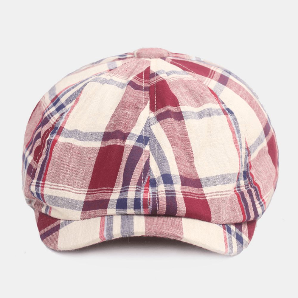 Unisex Katoenen Baret Pet Geruit Patroon Casual Retro Zonnescherm Krantenverkoper Hoed Vooruit Pet Achthoekige Hoed