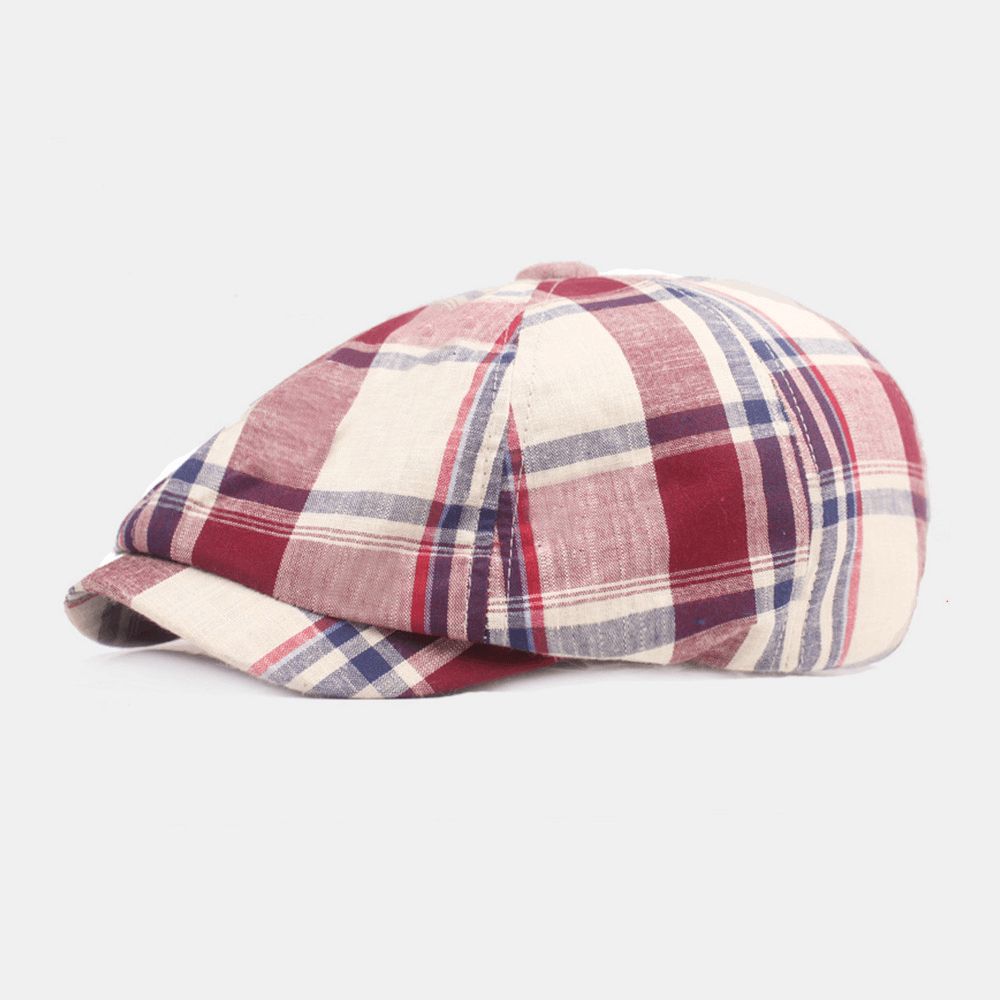 Unisex Katoenen Baret Pet Geruit Patroon Casual Retro Zonnescherm Krantenverkoper Hoed Vooruit Pet Achthoekige Hoed