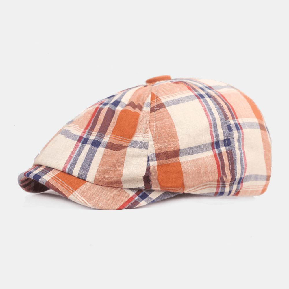 Unisex Katoenen Baret Pet Geruit Patroon Casual Retro Zonnescherm Krantenverkoper Hoed Vooruit Pet Achthoekige Hoed