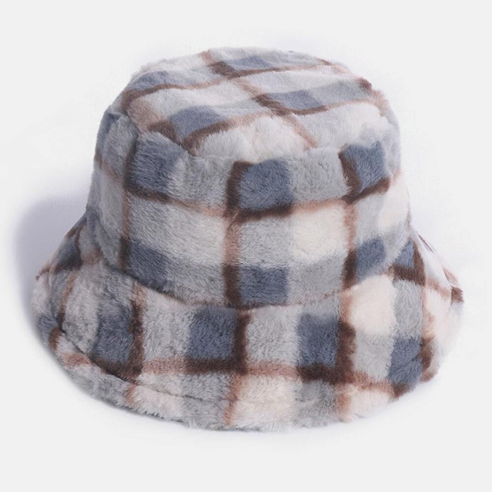 Unisex Konijnenhaar Plaids Patroon Plus Dikker Warm Winddicht Zacht All-Match Travel Bucket Hat