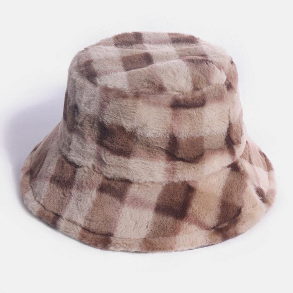 Unisex Konijnenhaar Plaids Patroon Plus Dikker Warm Winddicht Zacht All-Match Travel Bucket Hat