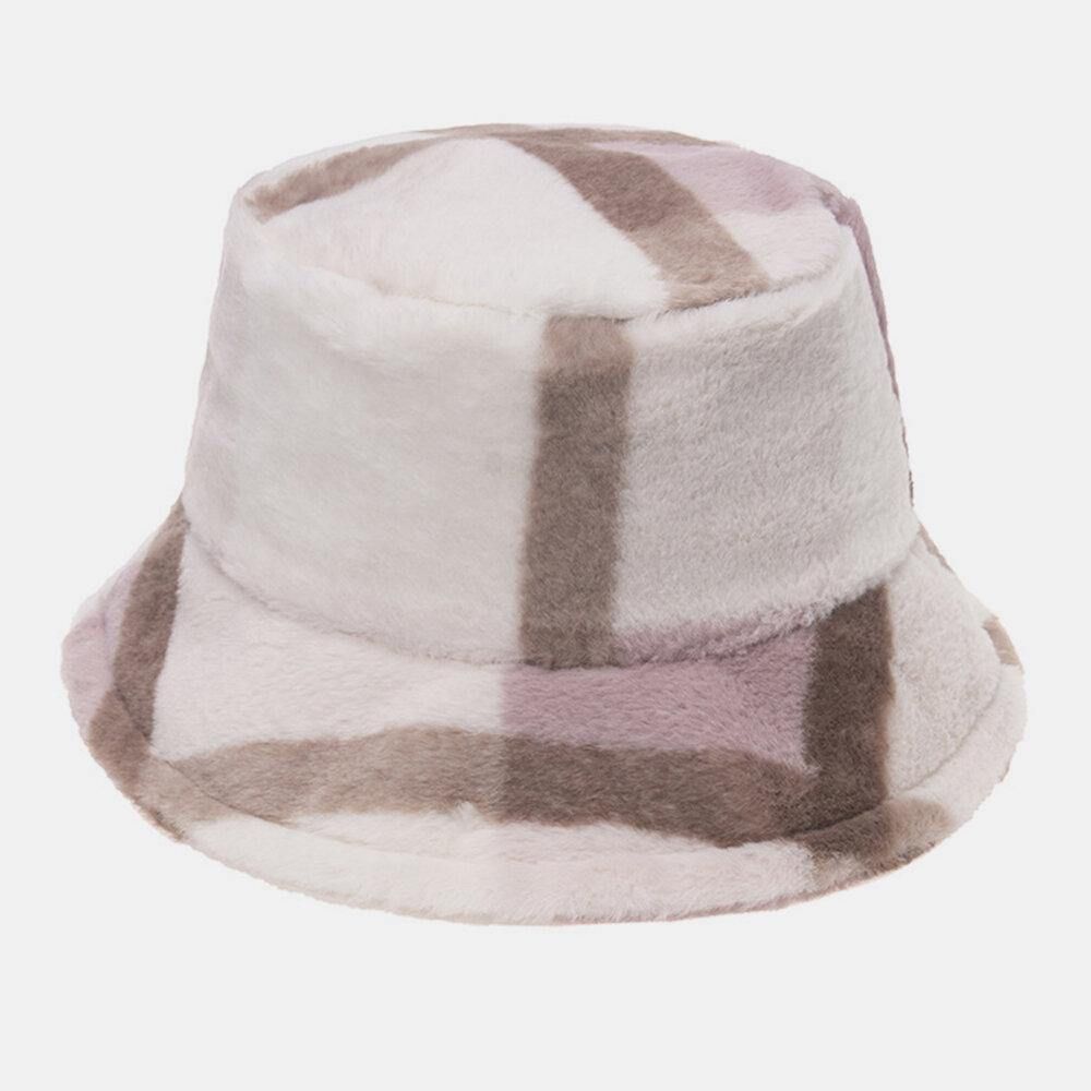 Unisex Konijnenhaar Plaids Patroon Plus Dikker Warm Winddicht Zacht All-Match Travel Bucket Hat