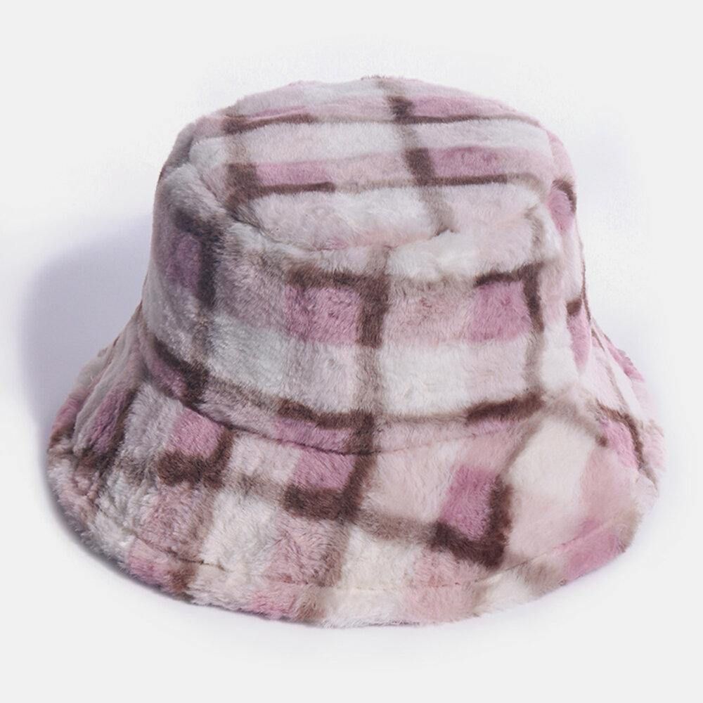 Unisex Konijnenhaar Plaids Patroon Plus Dikker Warm Winddicht Zacht All-Match Travel Bucket Hat