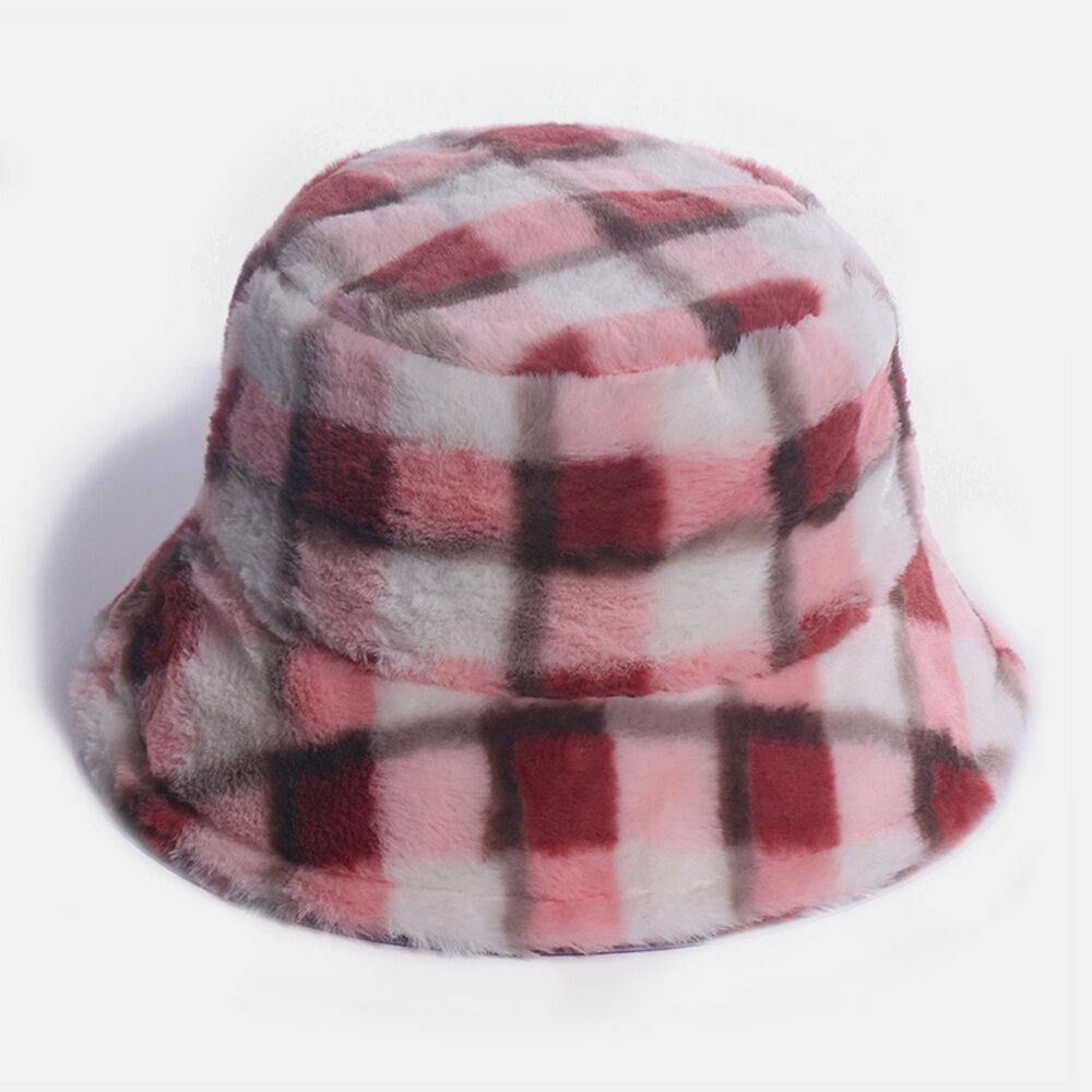 Unisex Konijnenhaar Plaids Patroon Plus Dikker Warm Winddicht Zacht All-Match Travel Bucket Hat