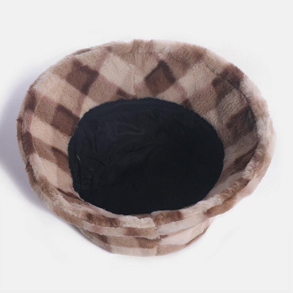 Unisex Konijnenhaar Plaids Patroon Plus Dikker Warm Winddicht Zacht All-Match Travel Bucket Hat