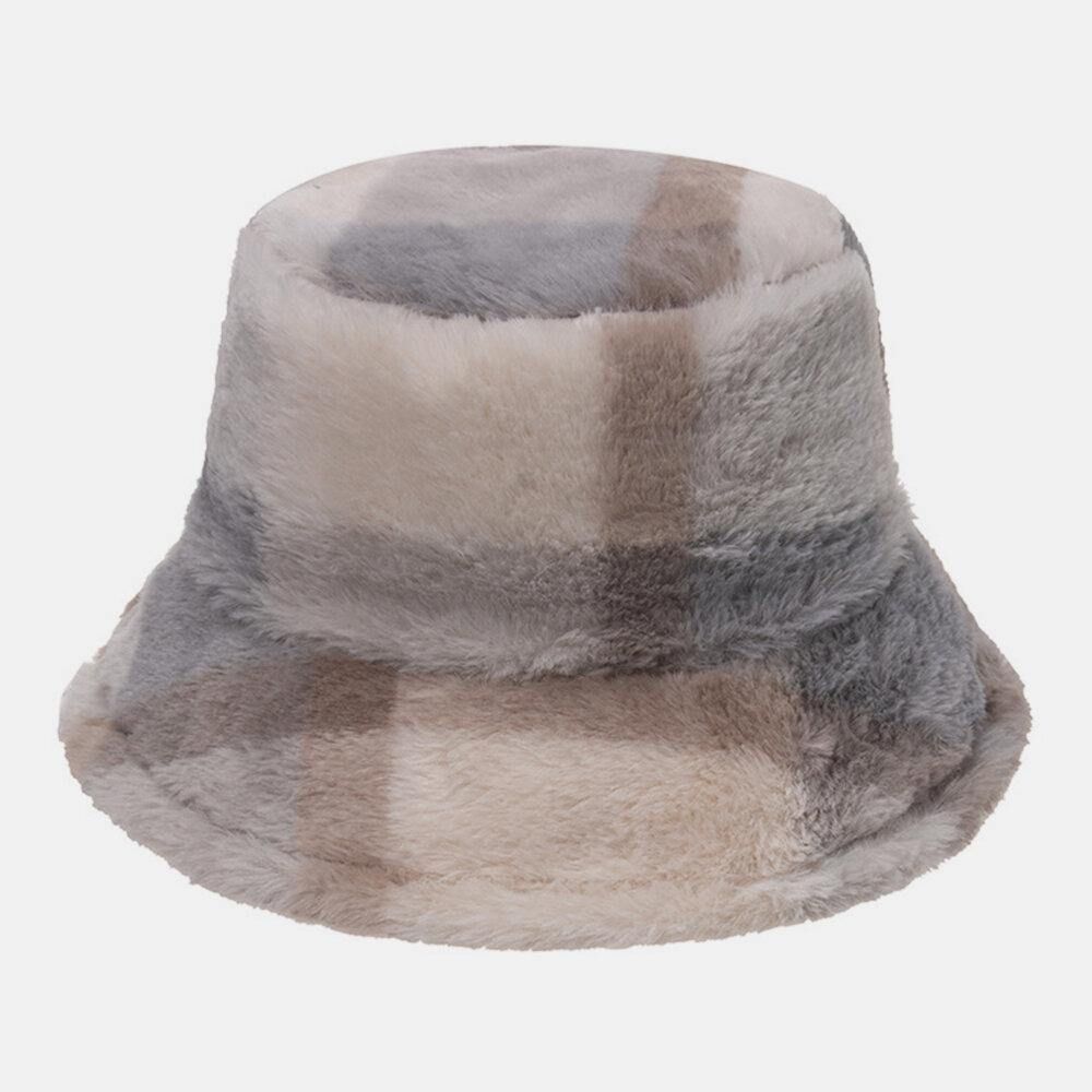 Unisex Konijnenhaar Plaids Patroon Plus Dikker Warm Winddicht Zacht All-Match Travel Bucket Hat