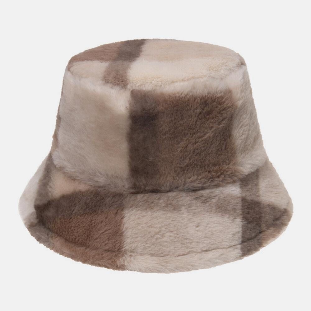 Unisex Konijnenhaar Plaids Patroon Plus Dikker Warm Winddicht Zacht All-Match Travel Bucket Hat