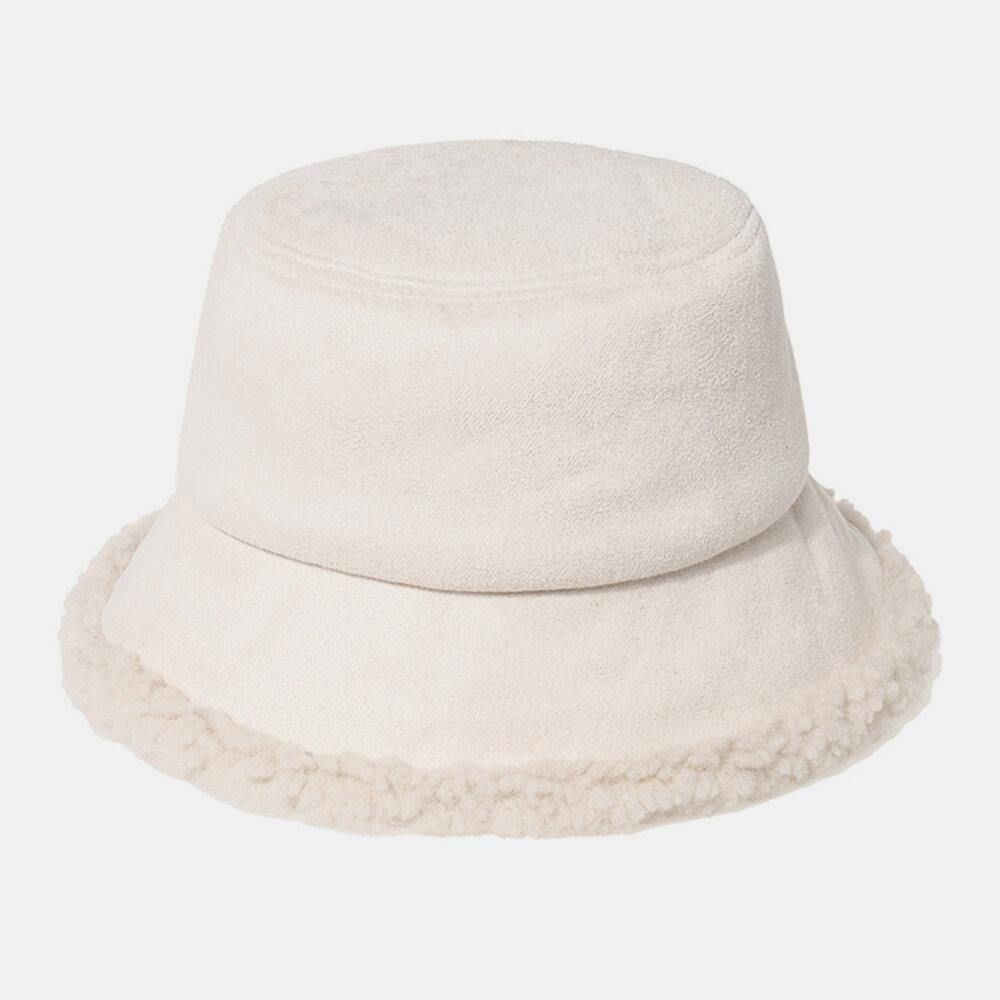 Unisex Lamshaar Suède Plus Dikker Warm Winddicht Zacht All-Match Bucket Hat