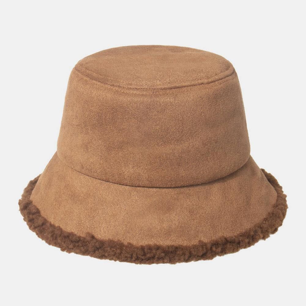 Unisex Lamshaar Suède Plus Dikker Warm Winddicht Zacht All-Match Bucket Hat