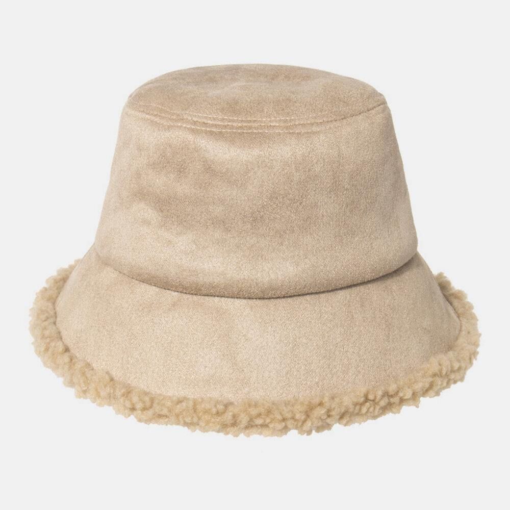 Unisex Lamshaar Suède Plus Dikker Warm Winddicht Zacht All-Match Bucket Hat