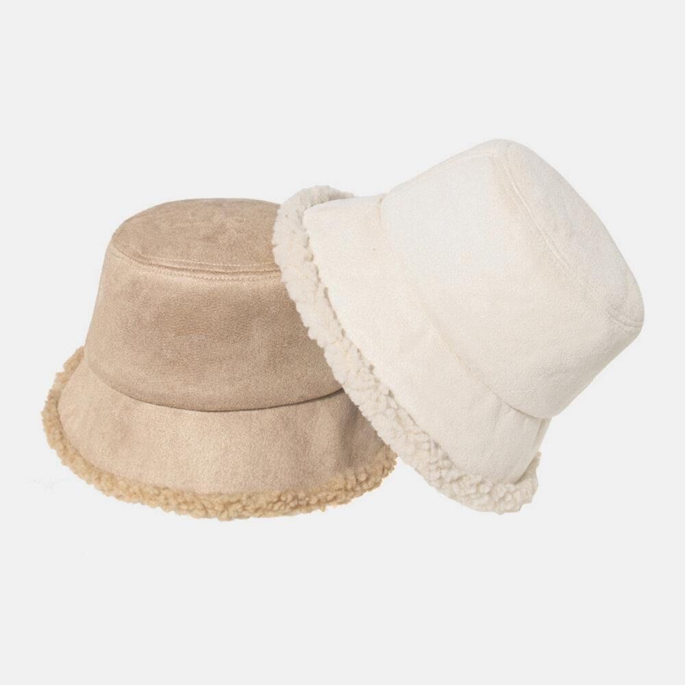 Unisex Lamshaar Suède Plus Dikker Warm Winddicht Zacht All-Match Bucket Hat