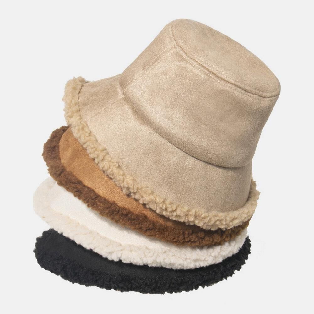 Unisex Lamshaar Suède Plus Dikker Warm Winddicht Zacht All-Match Bucket Hat