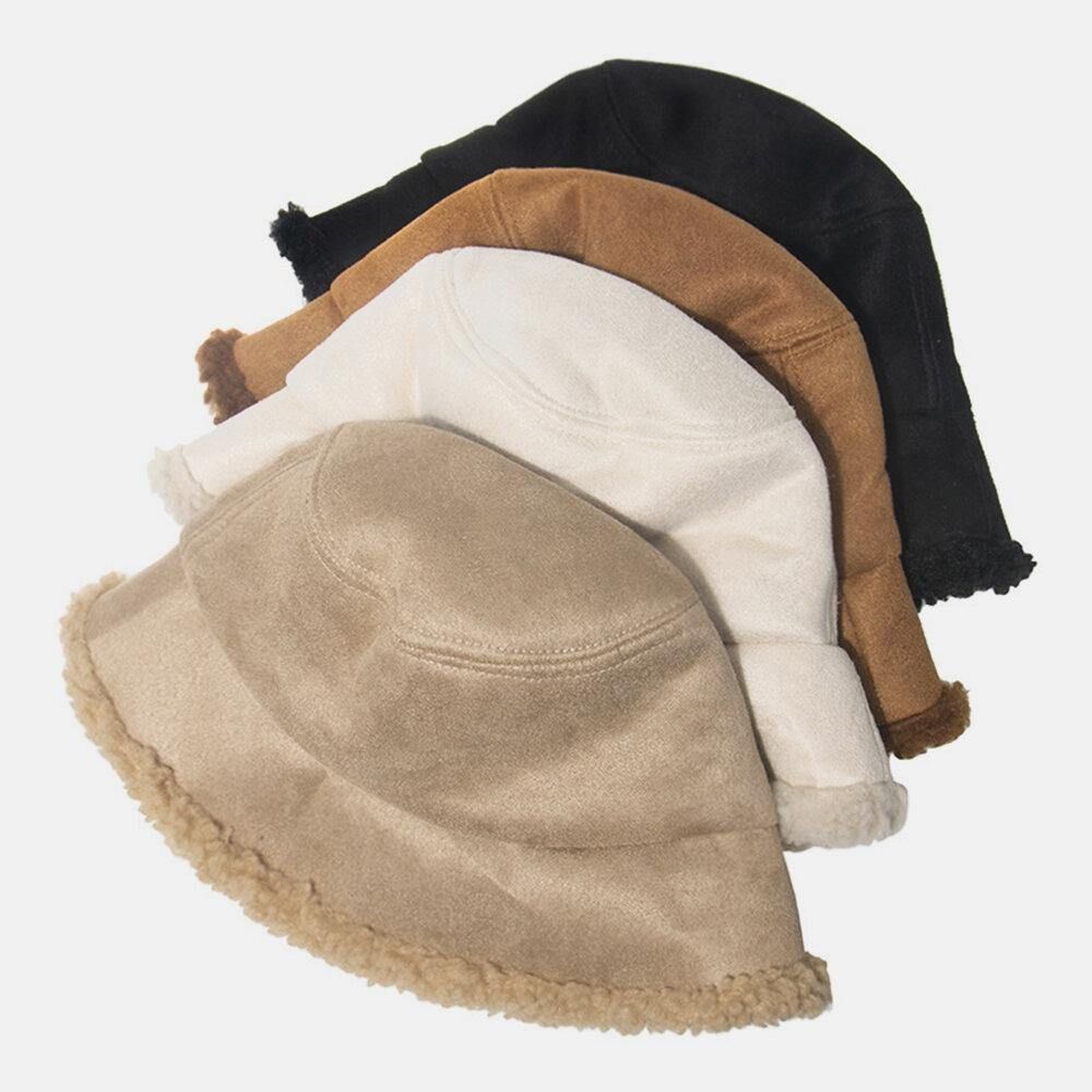 Unisex Lamshaar Suède Plus Dikker Warm Winddicht Zacht All-Match Bucket Hat