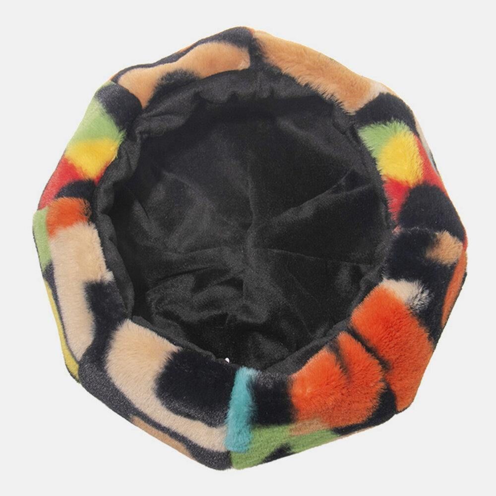 Unisex Tie-Dye Pluche Britse Stijl Warm Zacht Causaal All-Match Schilder Hoed Baret Hoed Achthoekige Hoed