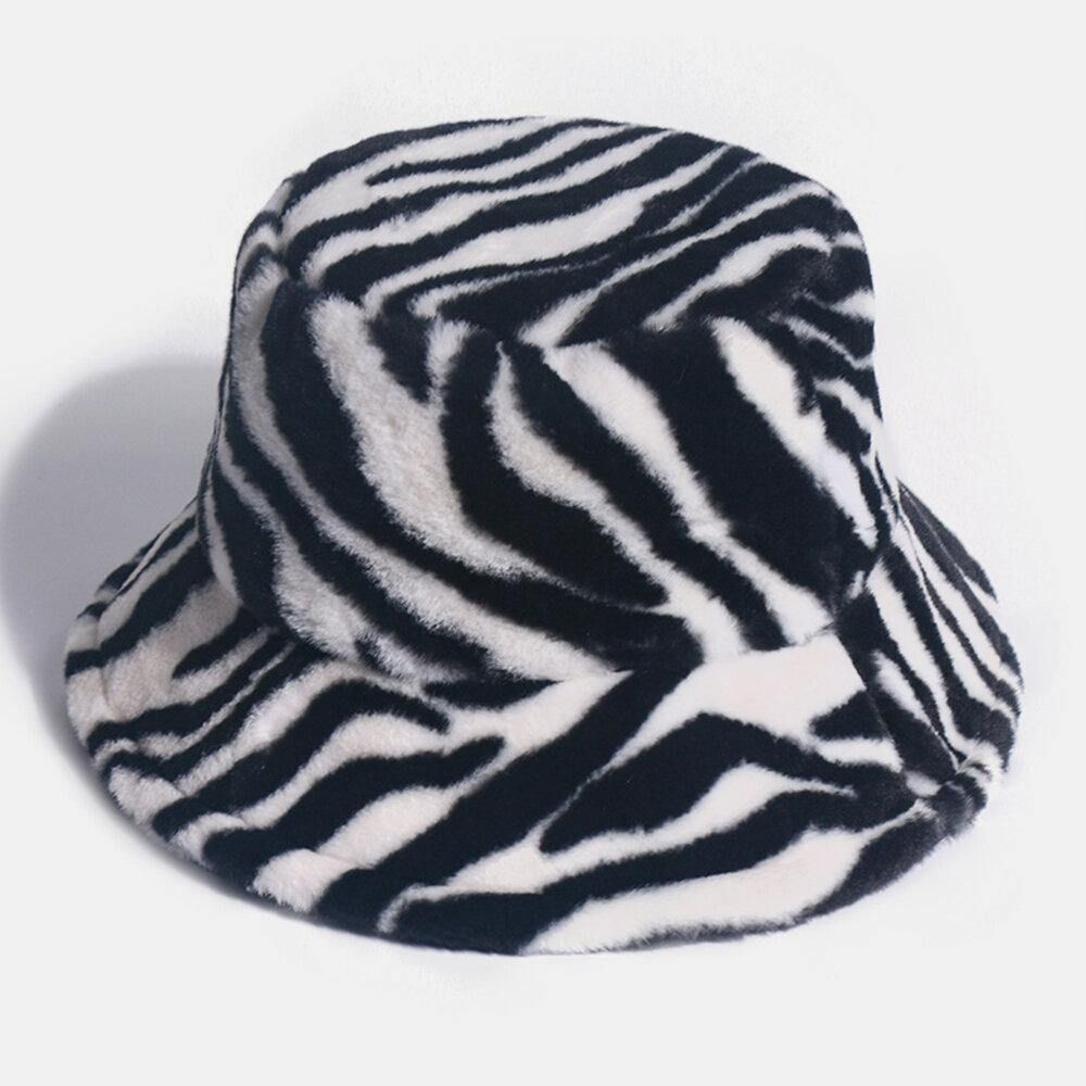 Unisex Vilt Zebrapatroon Plus Dikker Fluwelen Warm Winddicht Zacht All-Match Bucket Hat