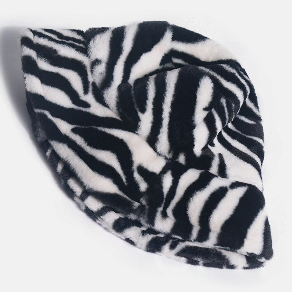 Unisex Vilt Zebrapatroon Plus Dikker Fluwelen Warm Winddicht Zacht All-Match Bucket Hat