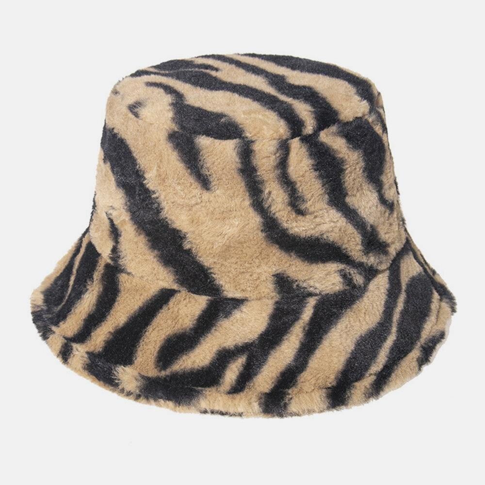 Unisex Vilt Zebrapatroon Plus Dikker Fluwelen Warm Winddicht Zacht All-Match Bucket Hat