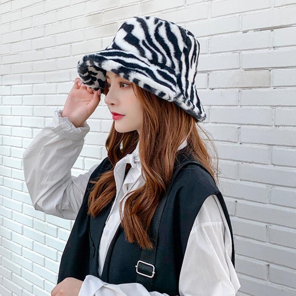 Unisex Vilt Zebrapatroon Plus Dikker Fluwelen Warm Winddicht Zacht All-Match Bucket Hat