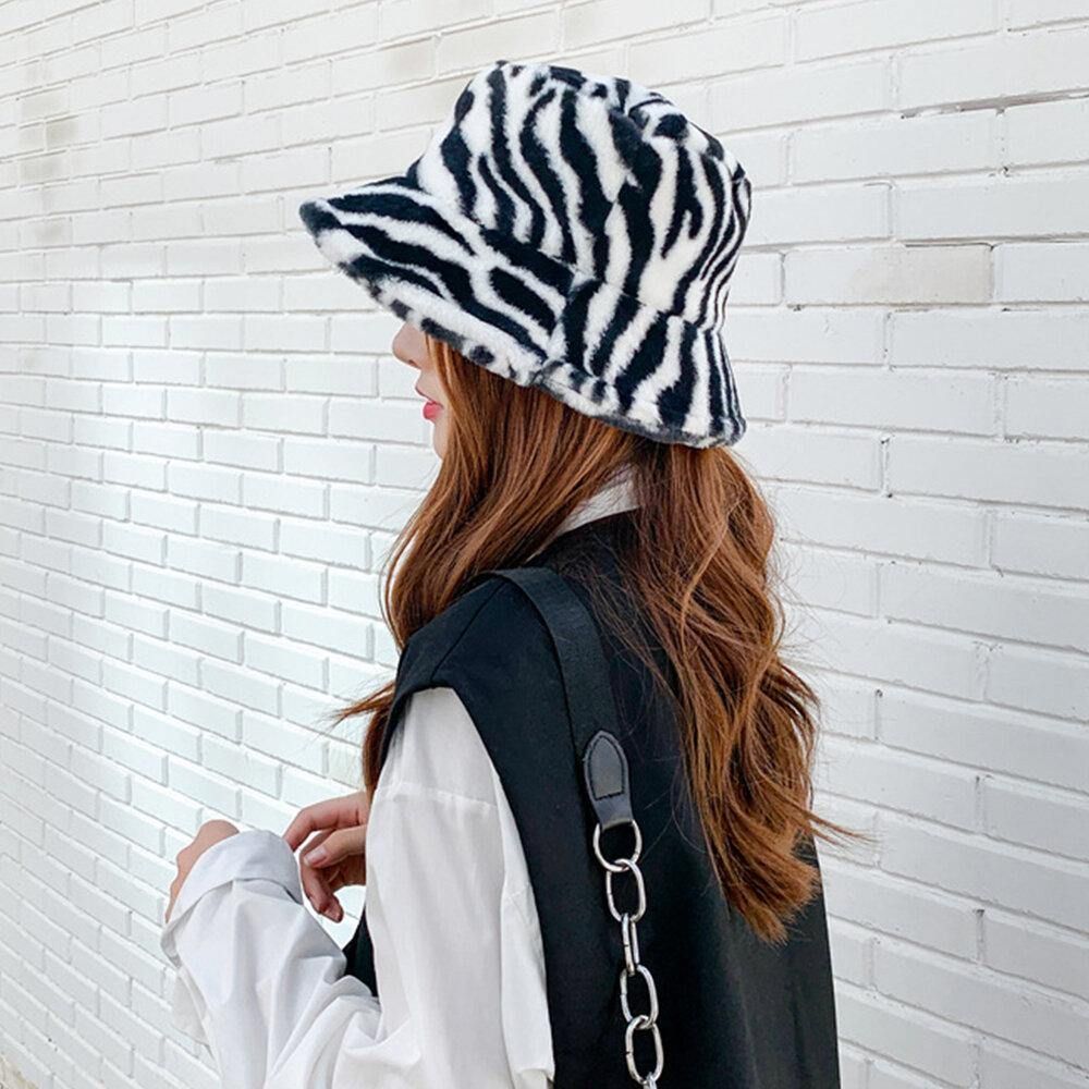 Unisex Vilt Zebrapatroon Plus Dikker Fluwelen Warm Winddicht Zacht All-Match Bucket Hat