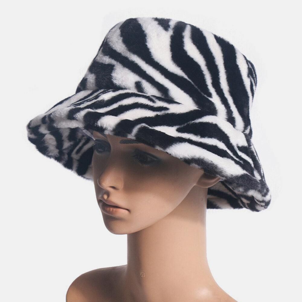 Unisex Vilt Zebrapatroon Plus Dikker Fluwelen Warm Winddicht Zacht All-Match Bucket Hat