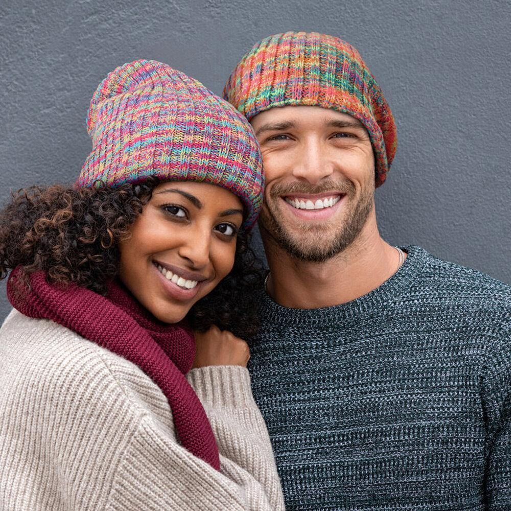 Unisex Wollen Gemengde Regenboog Kleur Strepen Patroon Plus Fluwelen Dikke Warme Paar Muts Muts Gebreide Muts