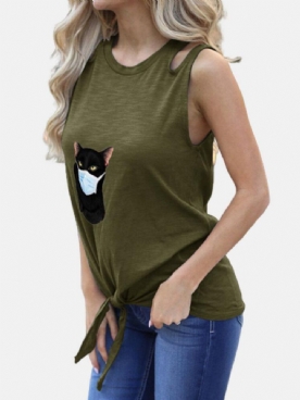 Cartoon Kat Bedrukte Mouwloze Dames Casual Tanktops