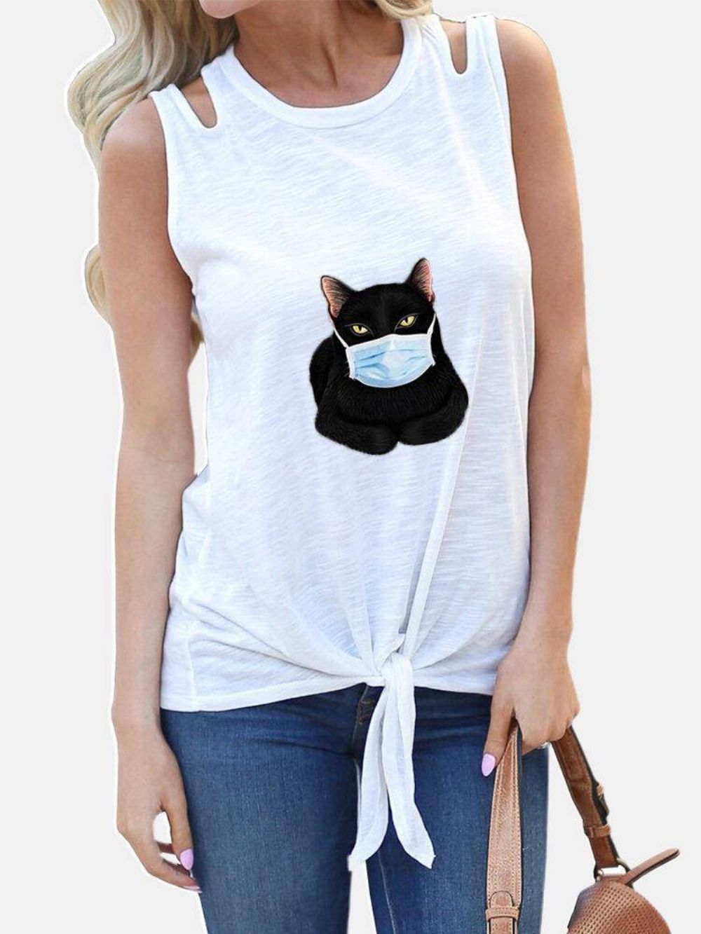 Cartoon Kat Bedrukte Mouwloze Dames Casual Tanktops