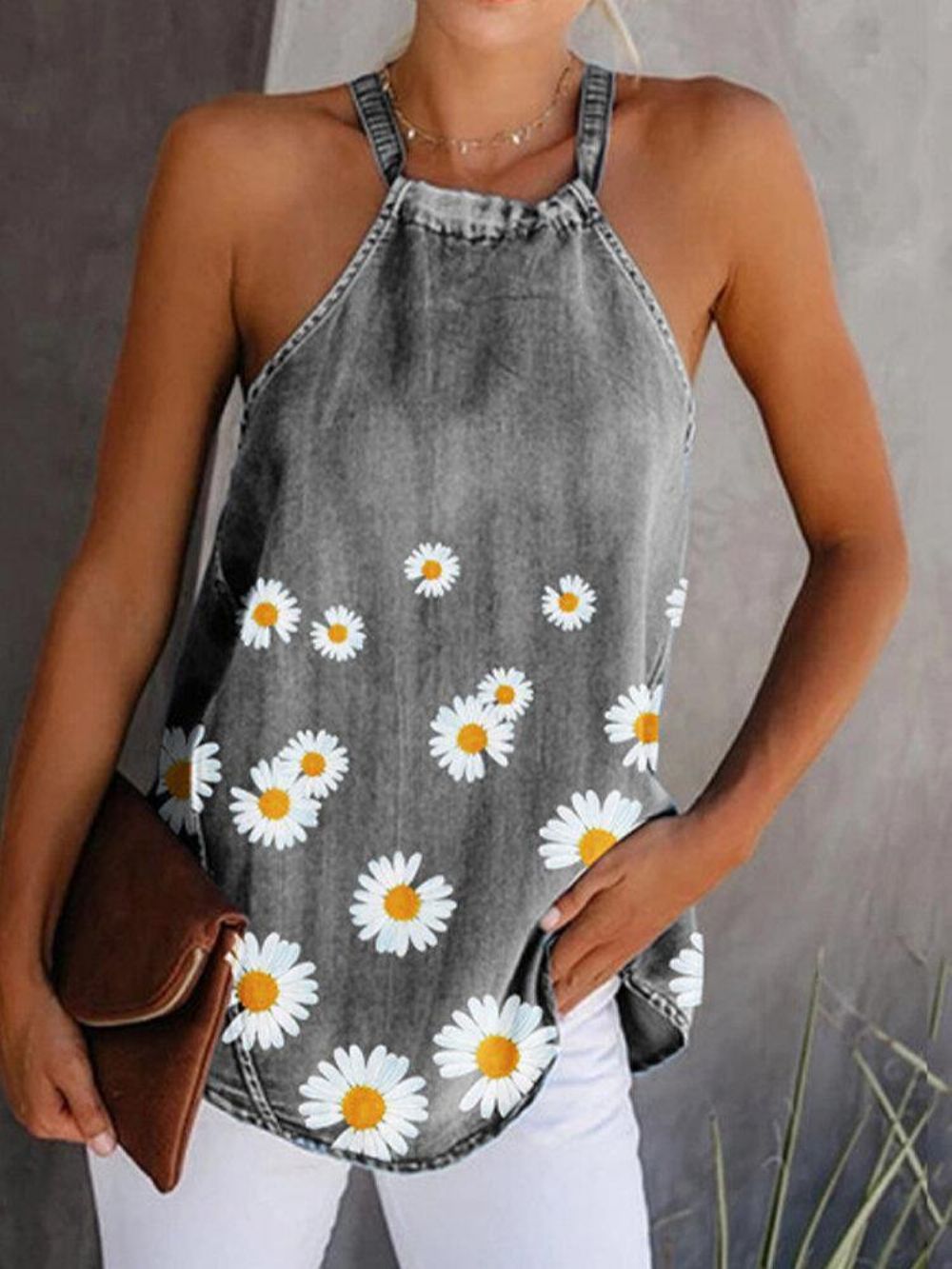 Daisy Bloemenprint Halter Dames Casual Denim Tanktops