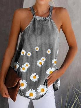 Daisy Bloemenprint Halter Dames Casual Denim Tanktops