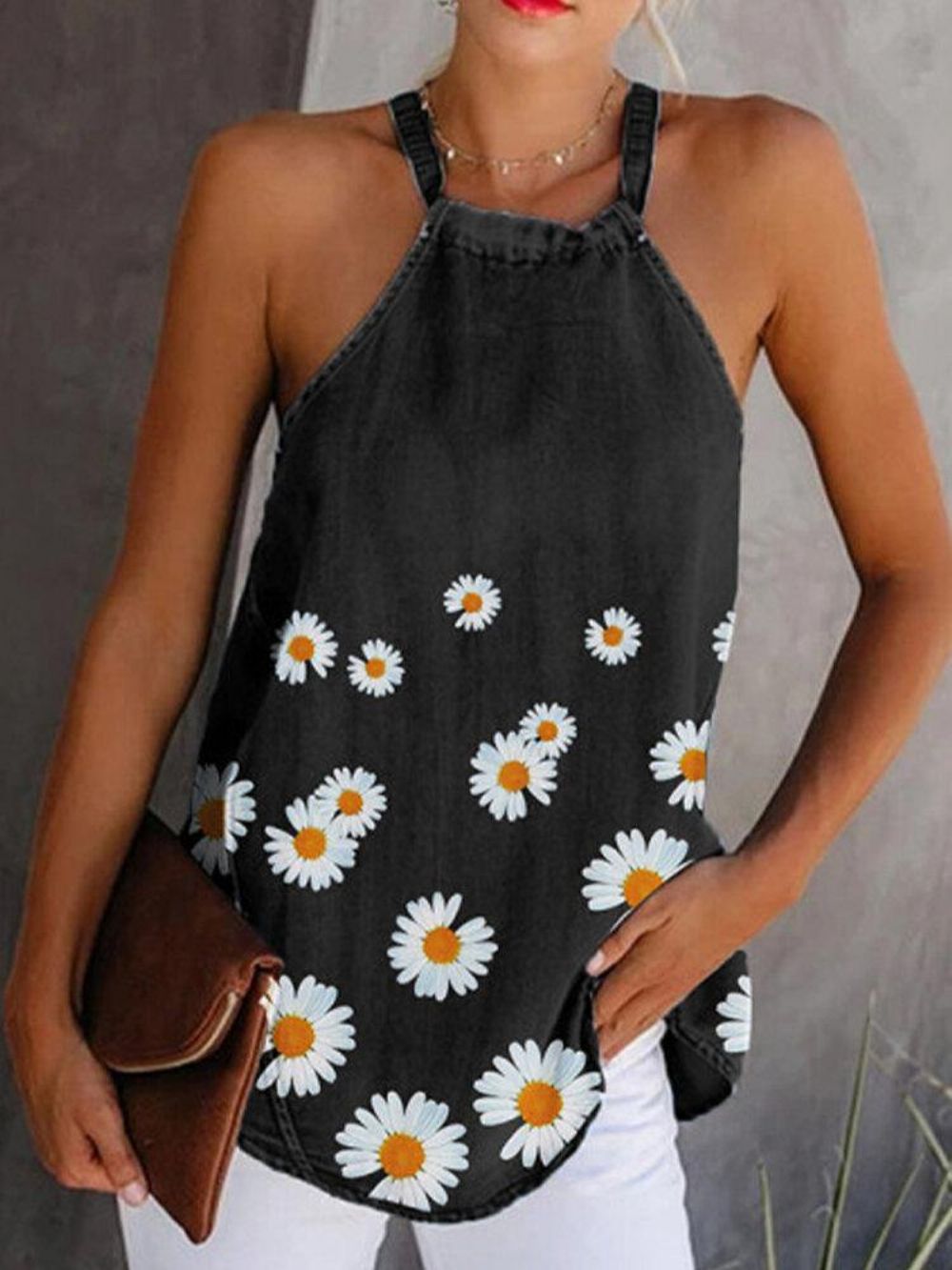 Daisy Bloemenprint Halter Dames Casual Denim Tanktops