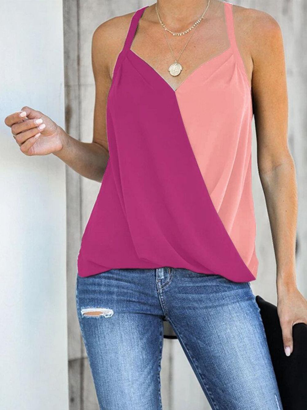 Dames Casual Wrap Design Patchwork V-Hals Mouwloze Tank Top