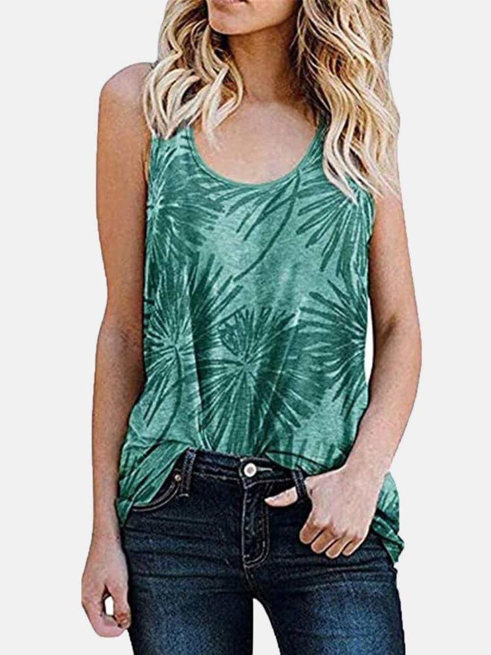 Dames Mouwloze Ronde Hals Vakantie Casual Tanktop Met Plantprint