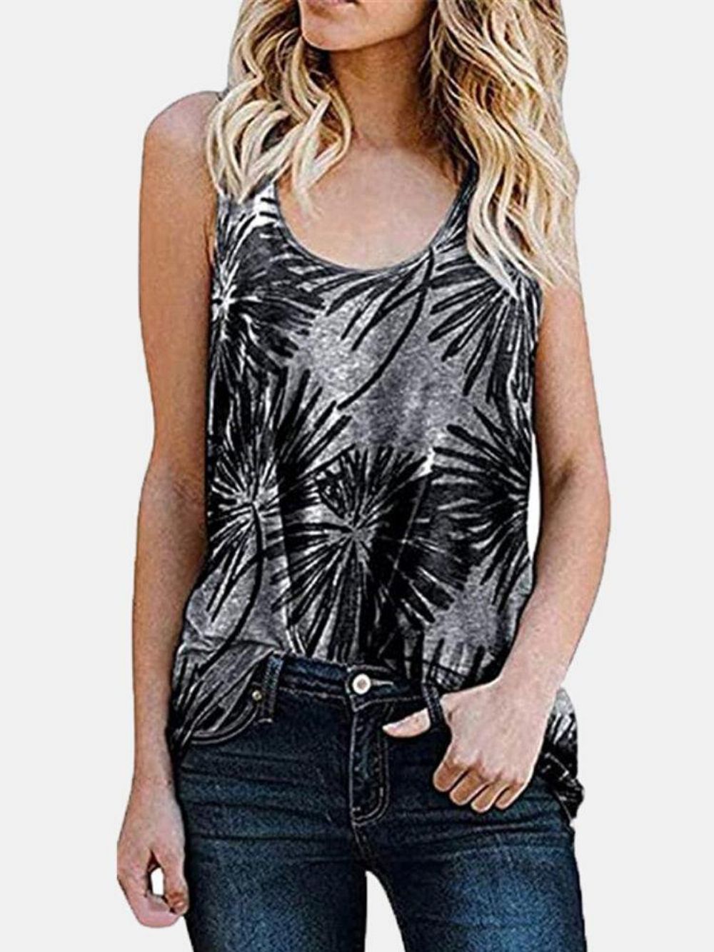 Dames Mouwloze Ronde Hals Vakantie Casual Tanktop Met Plantprint