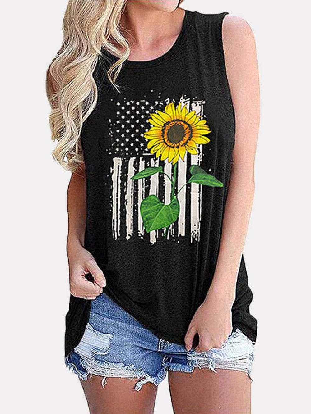 Dames Mouwloze Vlag Zonnebloem Print Onafhankelijkheidsdag Losse Tanktops