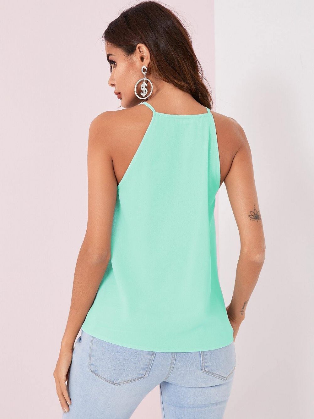 Effen Kleur Halter Ontwerp Geplooide Mouwloze Chiffon Tanktops