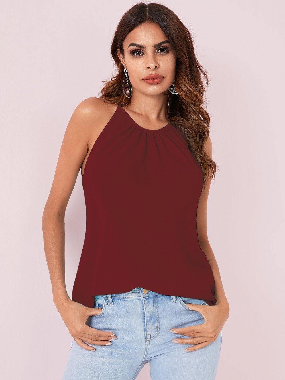 Effen Kleur Halter Ontwerp Geplooide Mouwloze Chiffon Tanktops