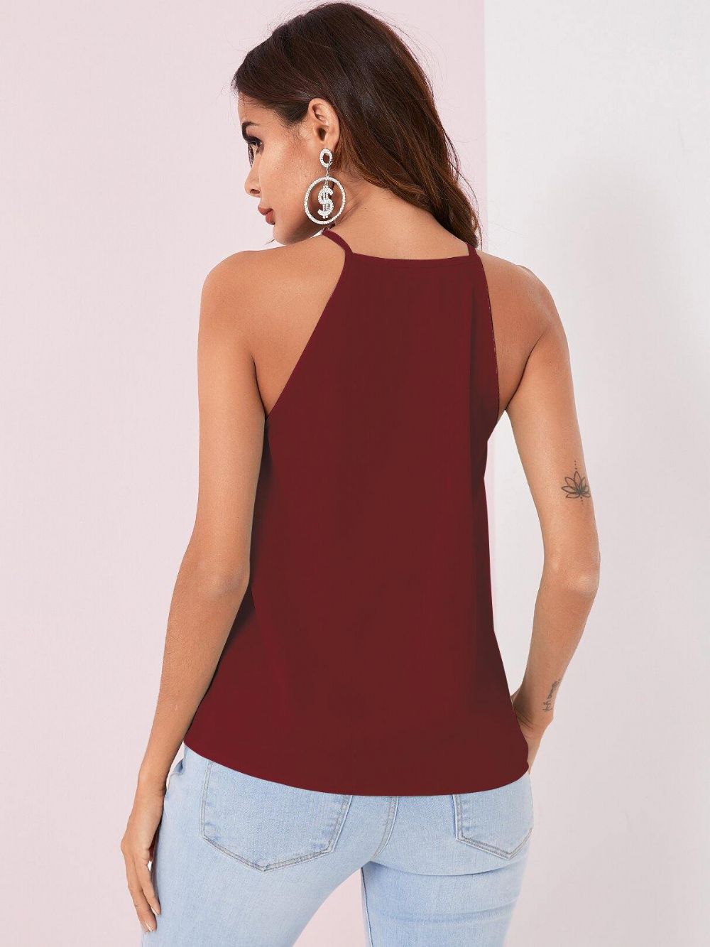 Effen Kleur Halter Ontwerp Geplooide Mouwloze Chiffon Tanktops