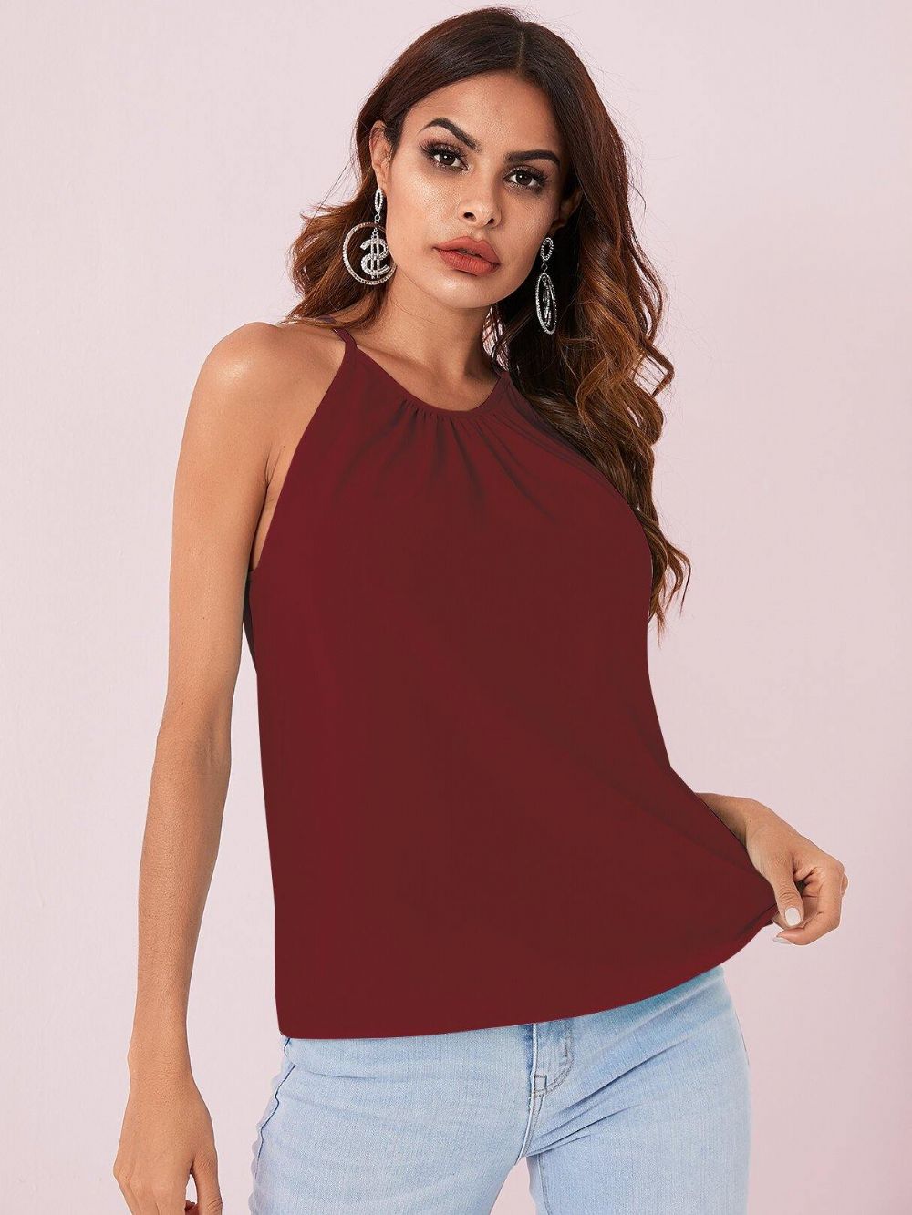 Effen Kleur Halter Ontwerp Geplooide Mouwloze Chiffon Tanktops