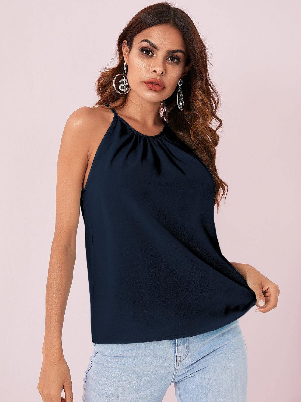 Effen Kleur Halter Ontwerp Geplooide Mouwloze Chiffon Tanktops