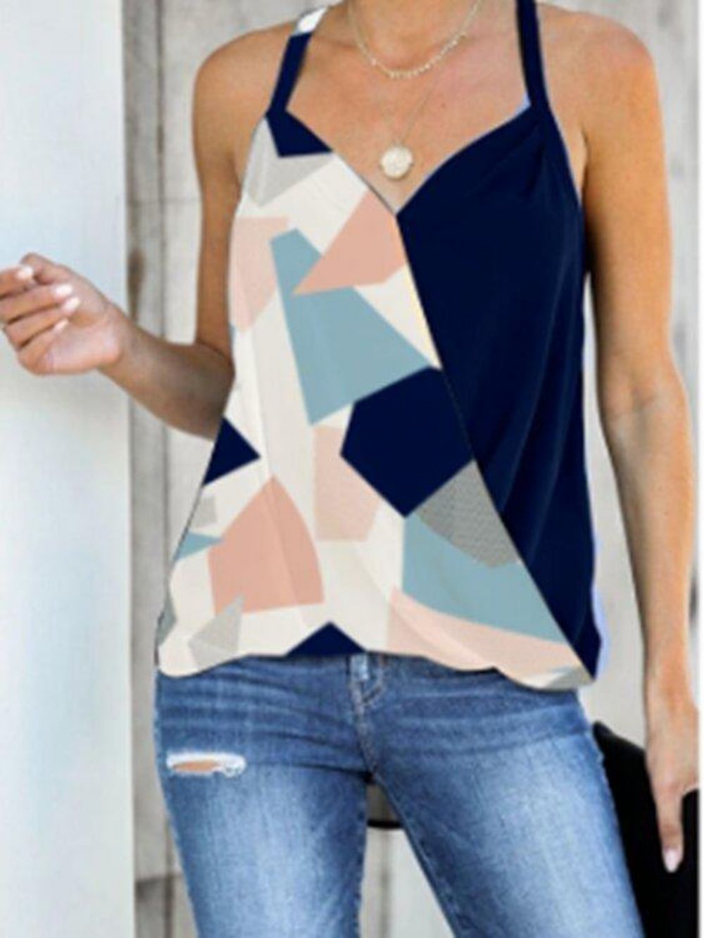 Geometrische Print Halter V-Hals Mouwloos Casual Cami