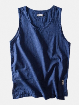 Heren Effen Kleur Katoen Linnen Hoge Lage Split Zoom Casual Tanktops