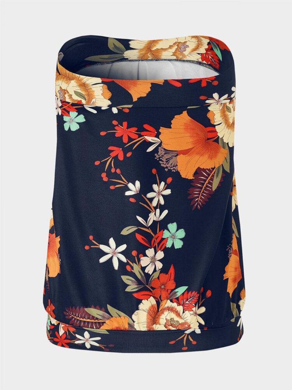 Marineblauwe Bloemenprint Etnische Stijl Strapless Mouwloze Tube Tanktop