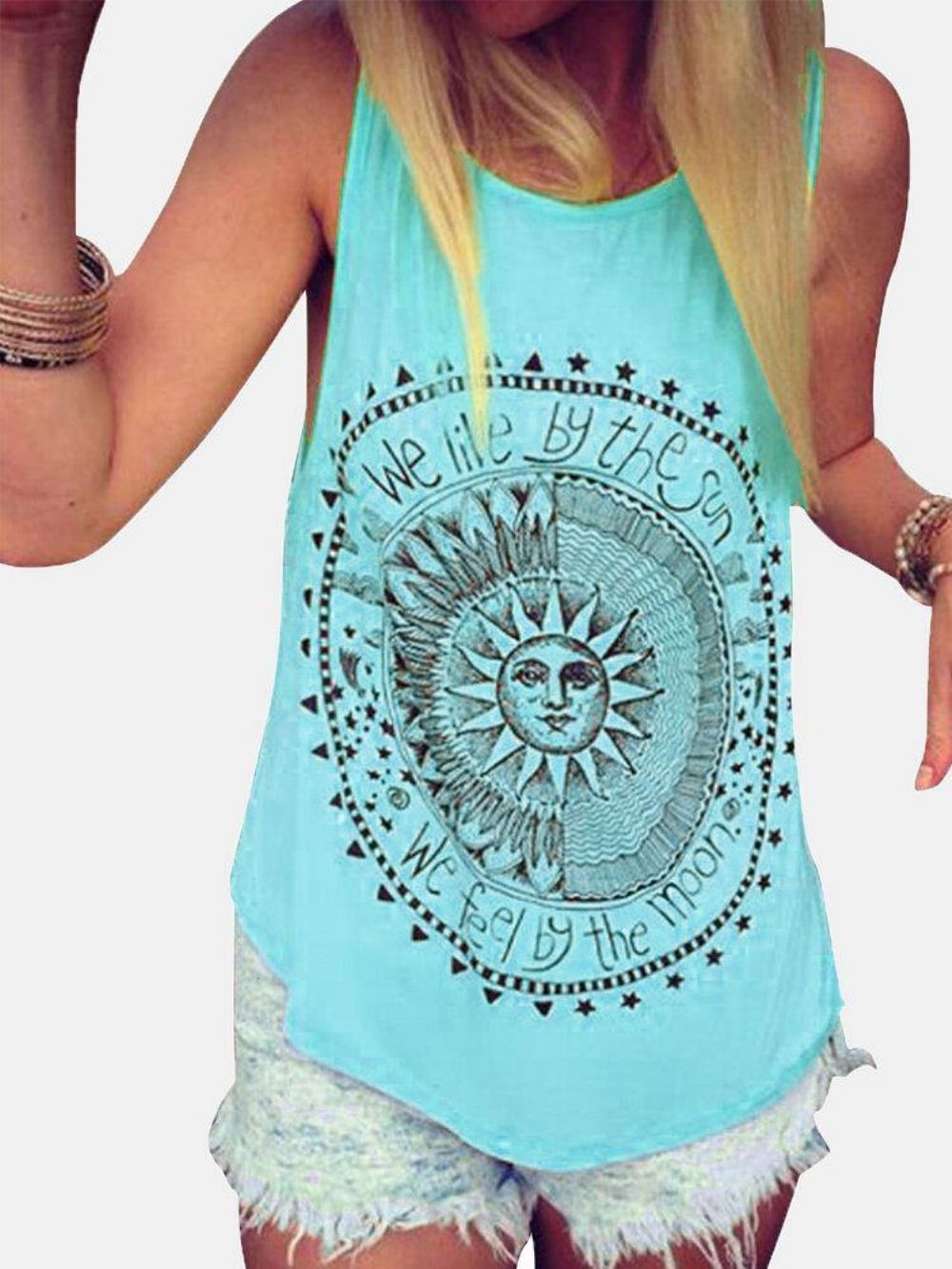 Schijfletter Print Ronde Hals Losse Zomer Casual Tanktops