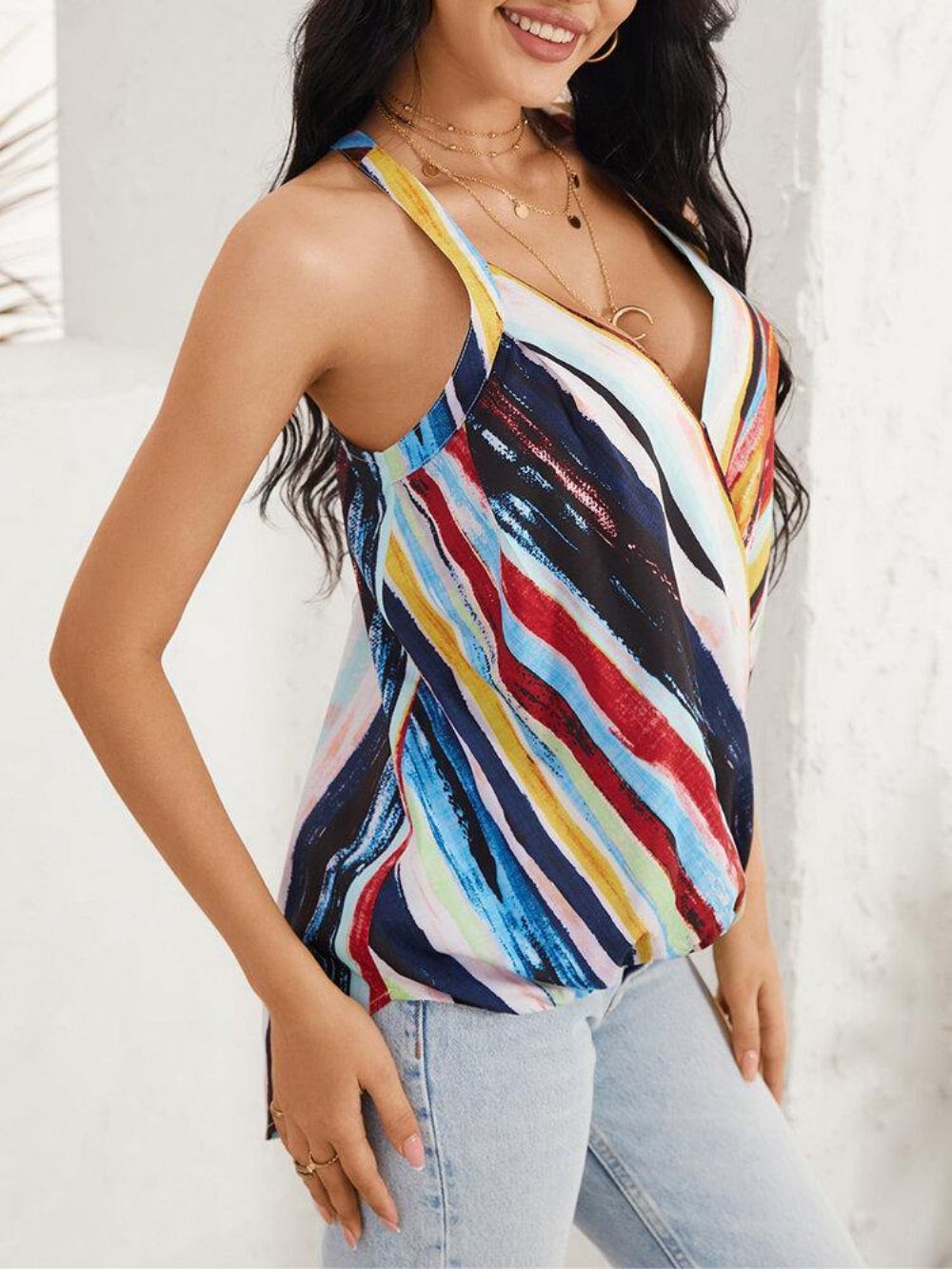 Tie Dye Streep Halter V-Hals Mouwloos Kruis Vooraan Dagelijks Casual Tanktop