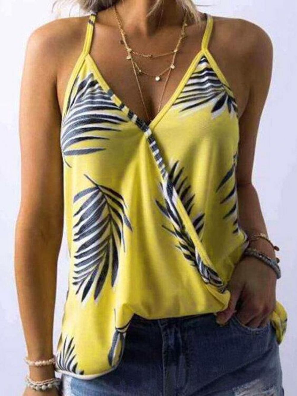 Tropische Plantenprint V-Hals Mouwloze Zomer Hawaii Tanktops