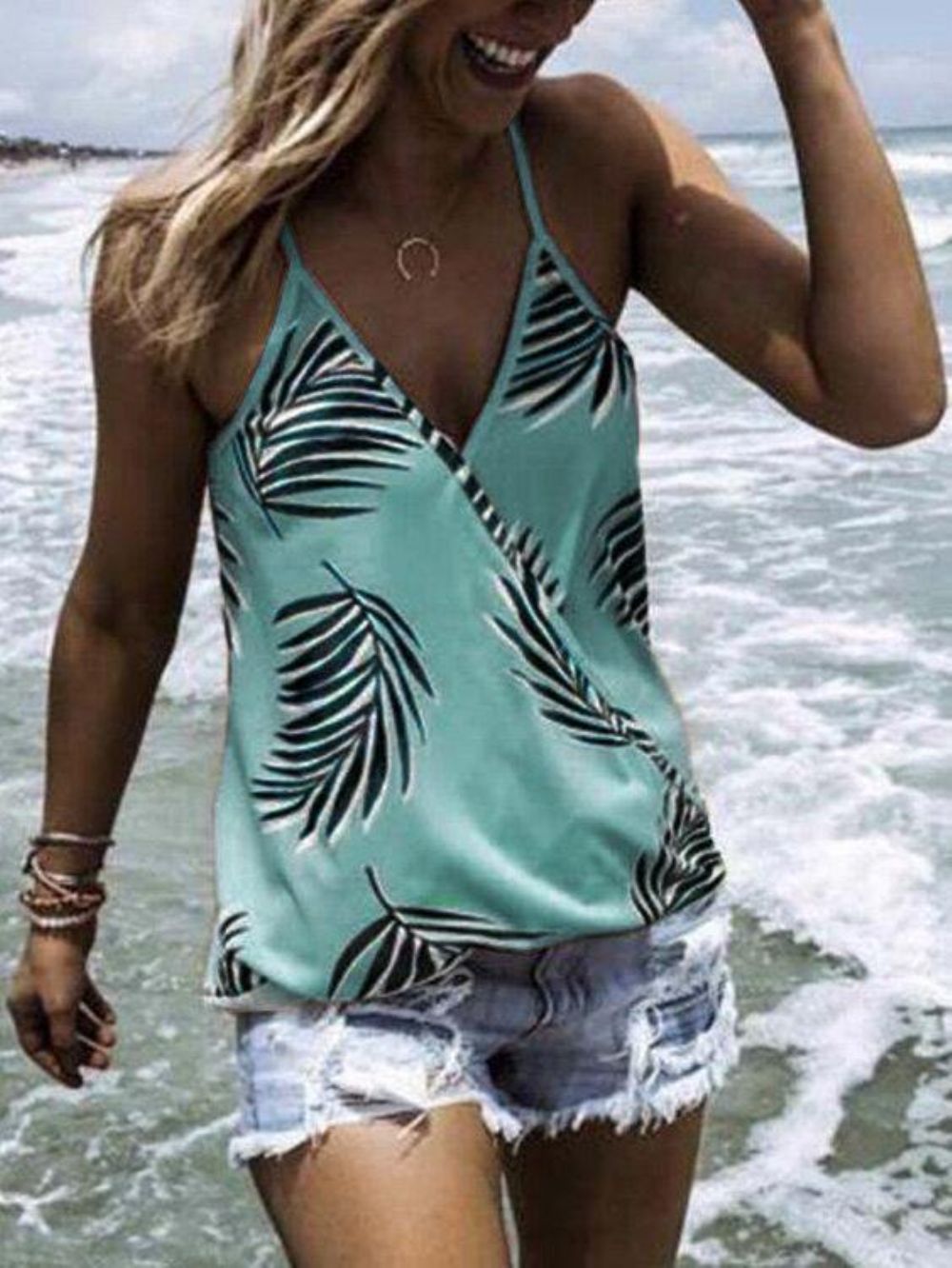 Tropische Plantenprint V-Hals Mouwloze Zomer Hawaii Tanktops