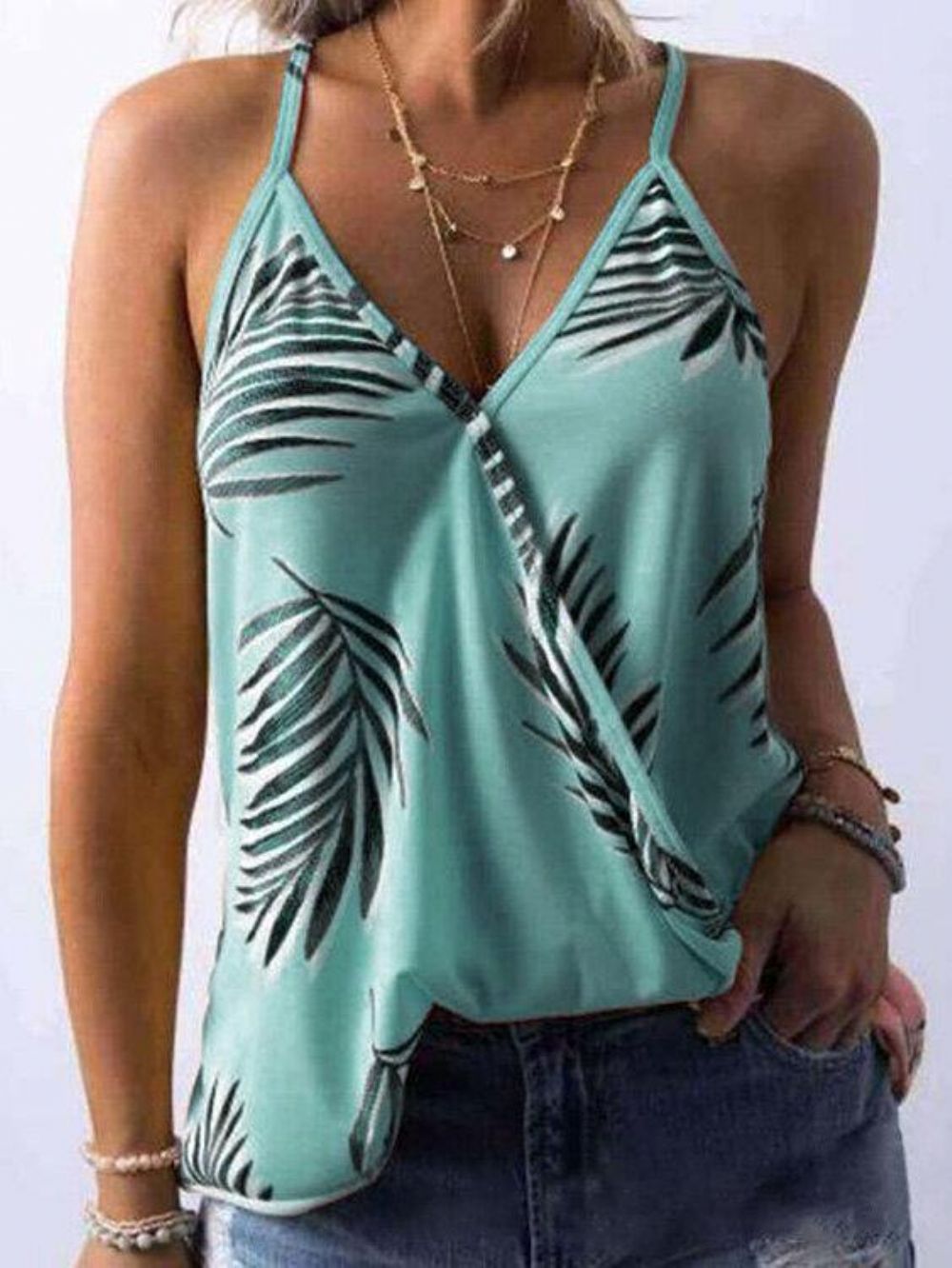 Tropische Plantenprint V-Hals Mouwloze Zomer Hawaii Tanktops