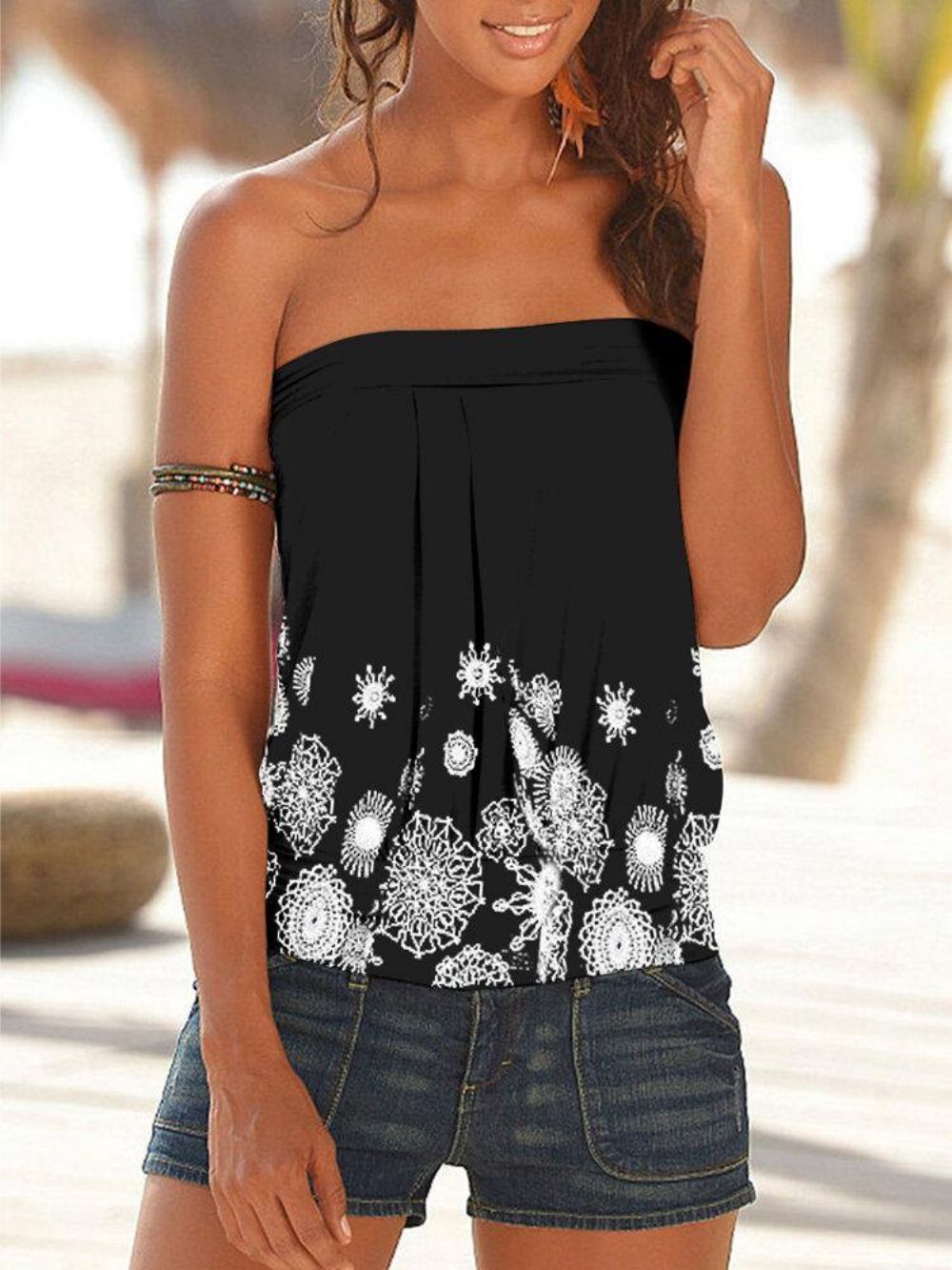 Vakantie Bloemenprint Strapless Mouwloze Zwarte Tube Tanktop