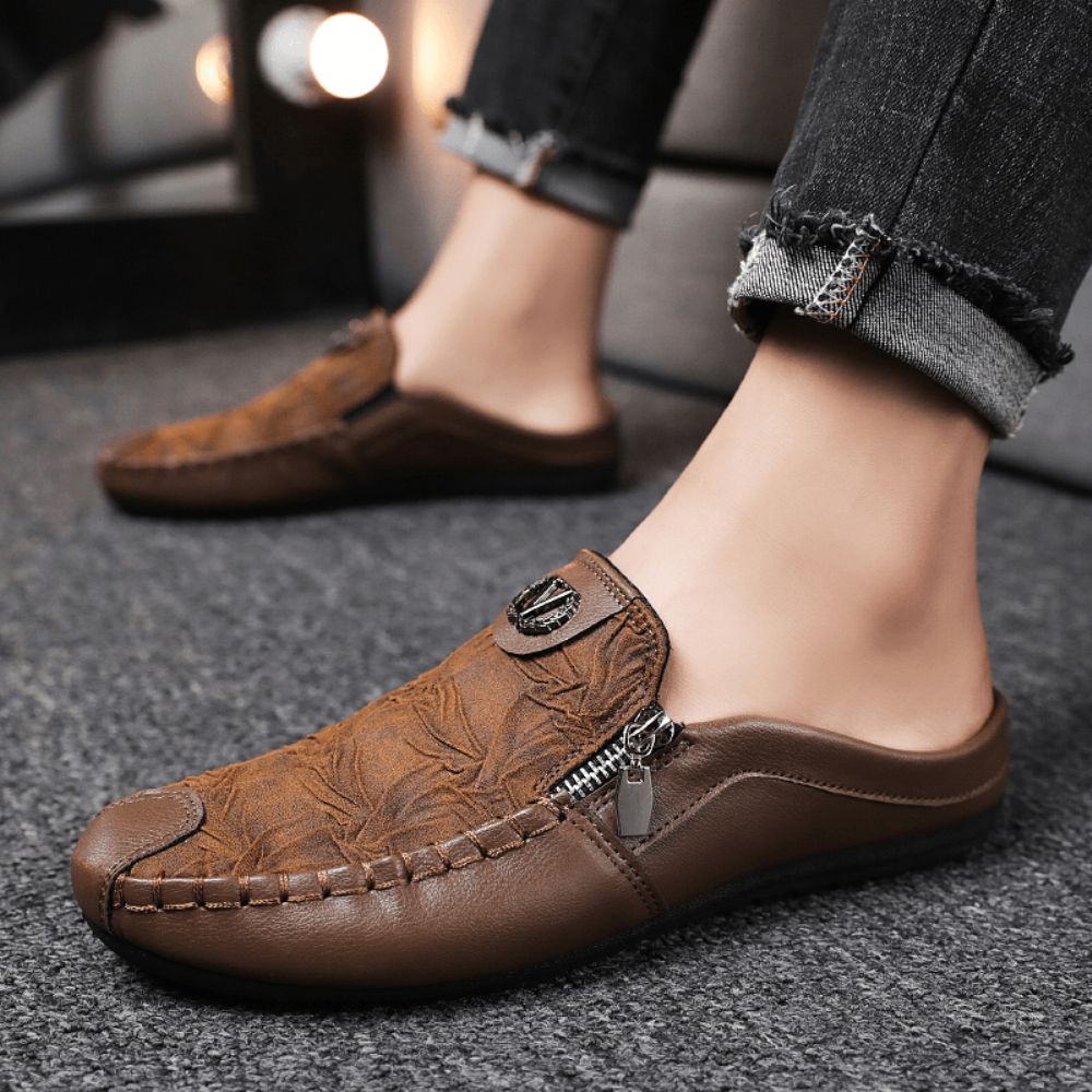 Heren Lederen Vintage Ademende Zachte Onderkant Gesloten Teen Comfortabele Casual Platte Pantoffels